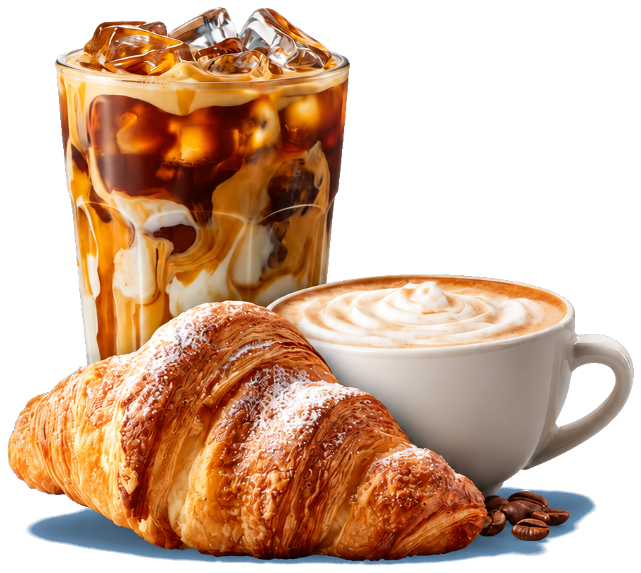 Iced coffee in a tall glass, a powdered croissant, and a latte with coffee beans