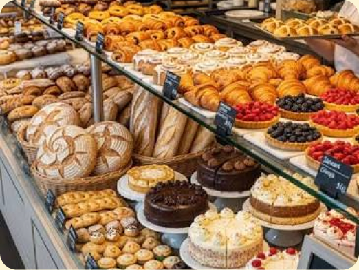Bakery display case filled with breads, pastries and cakes