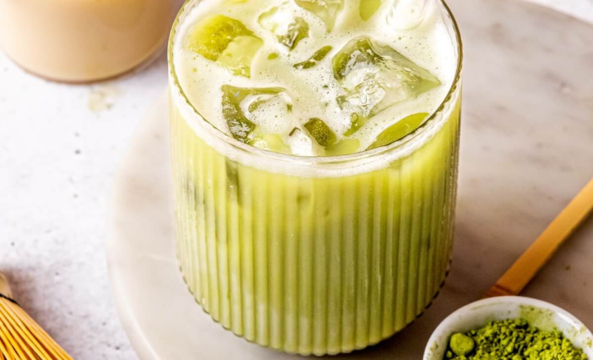 Matcha honey latte in a glass